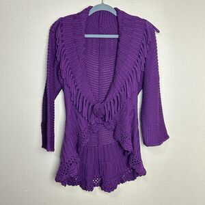City Knits Purple Cardigan Sweater Women Size XL Chunky Knit Fringe Trimmed